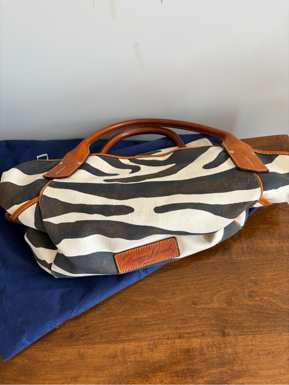 Dooney & Bourke Black and White Zebra Canvas Tote with Brown Leather Trim